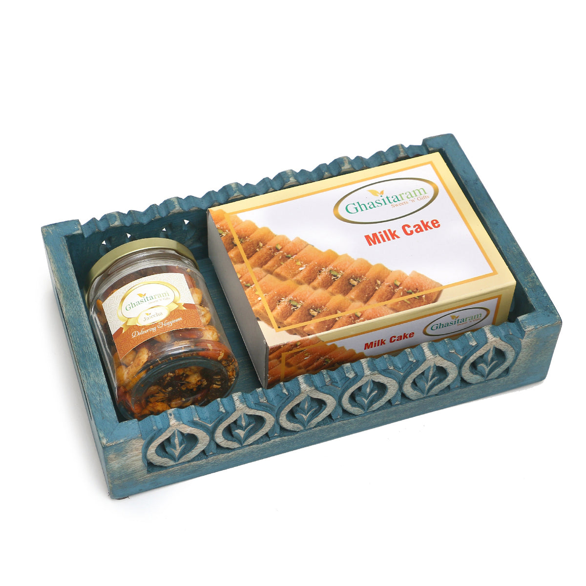 Blue wooden Tray with Milk Cake and Mix Dryfruits Jar