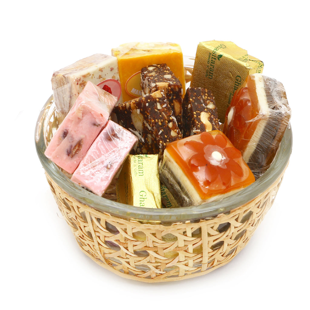 Diwali Gifts Sweets-Cane Glass Bowl with Assorted Bites