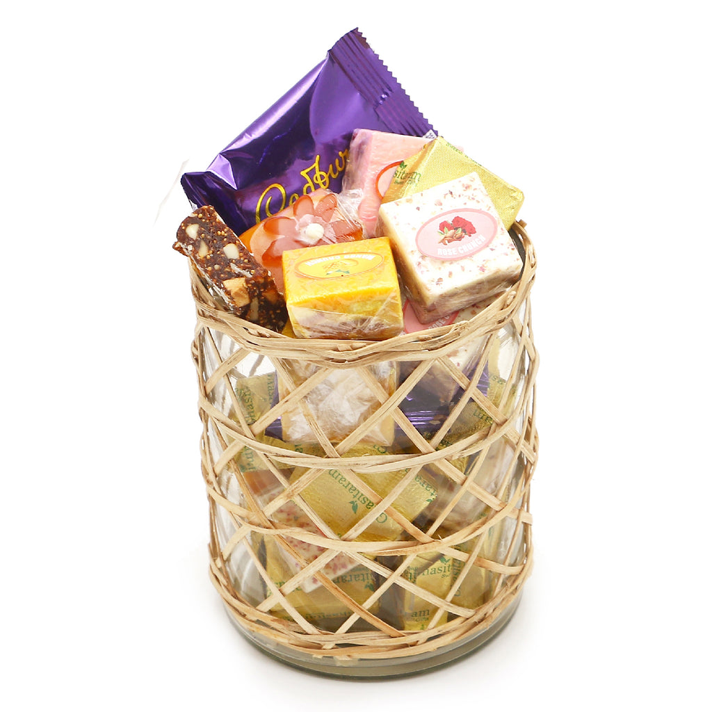 Cane Glass Jar with Assorted Bites, Laddoos and Cookies