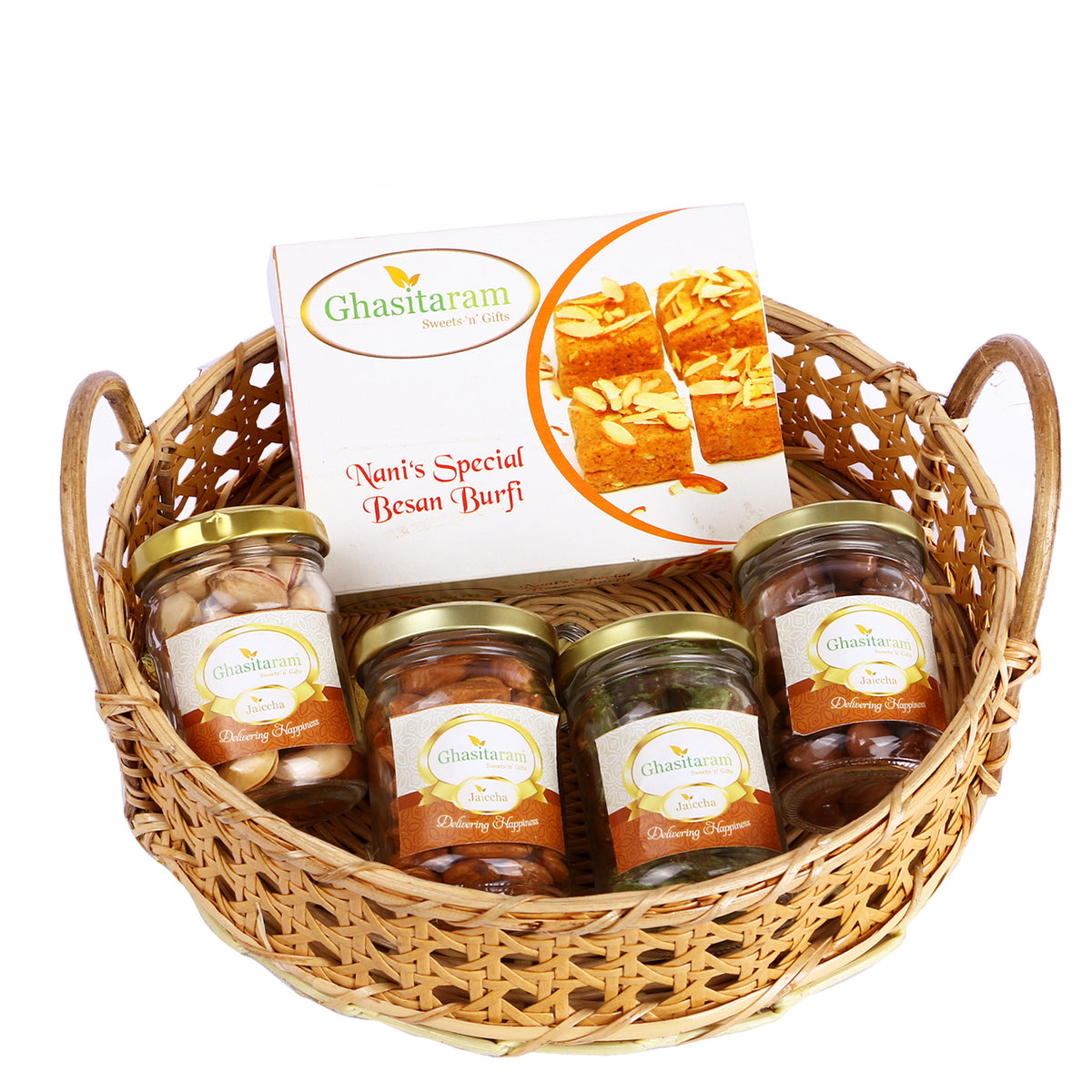 Wooden Cane Round Basket of 4 Assorted Nuts and Besan Barfi