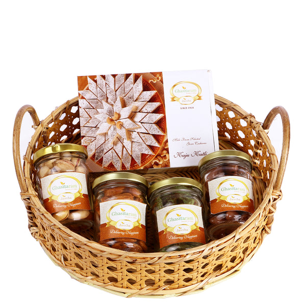 Wooden Cane Round Basket of 4 Assorted Nuts and Kaju Katlis.