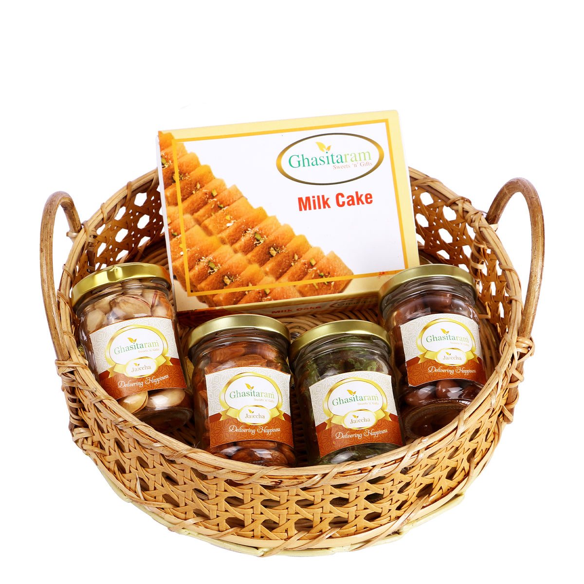 Wooden Cane Round Basket of 4 Assorted Nuts and Milk Cake.