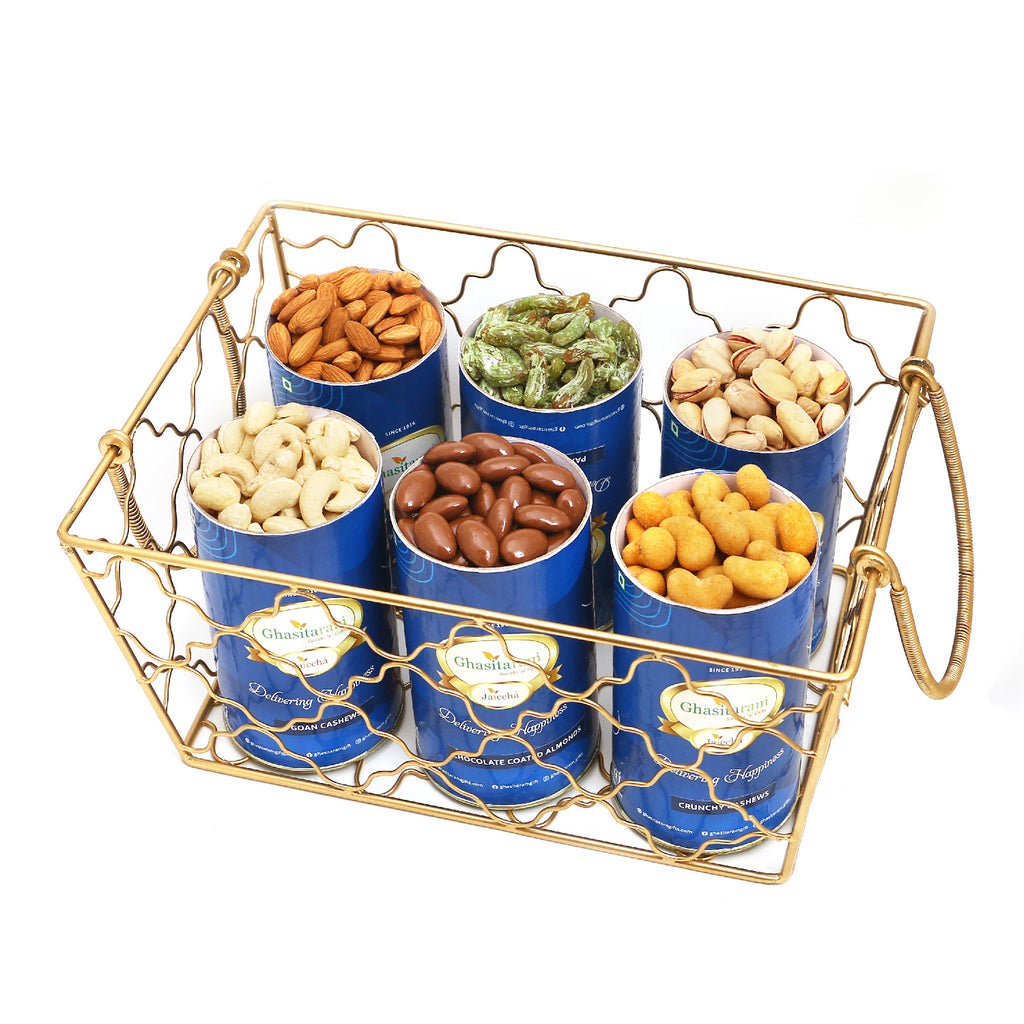 Diwali Gifts-Designer Metal Basket of 6 Cans