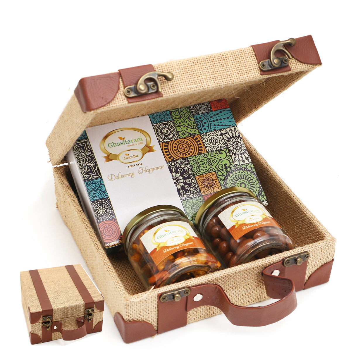 Jute Box of Chocolate Alomnds, Mix Dryfruits and Assorted Bites