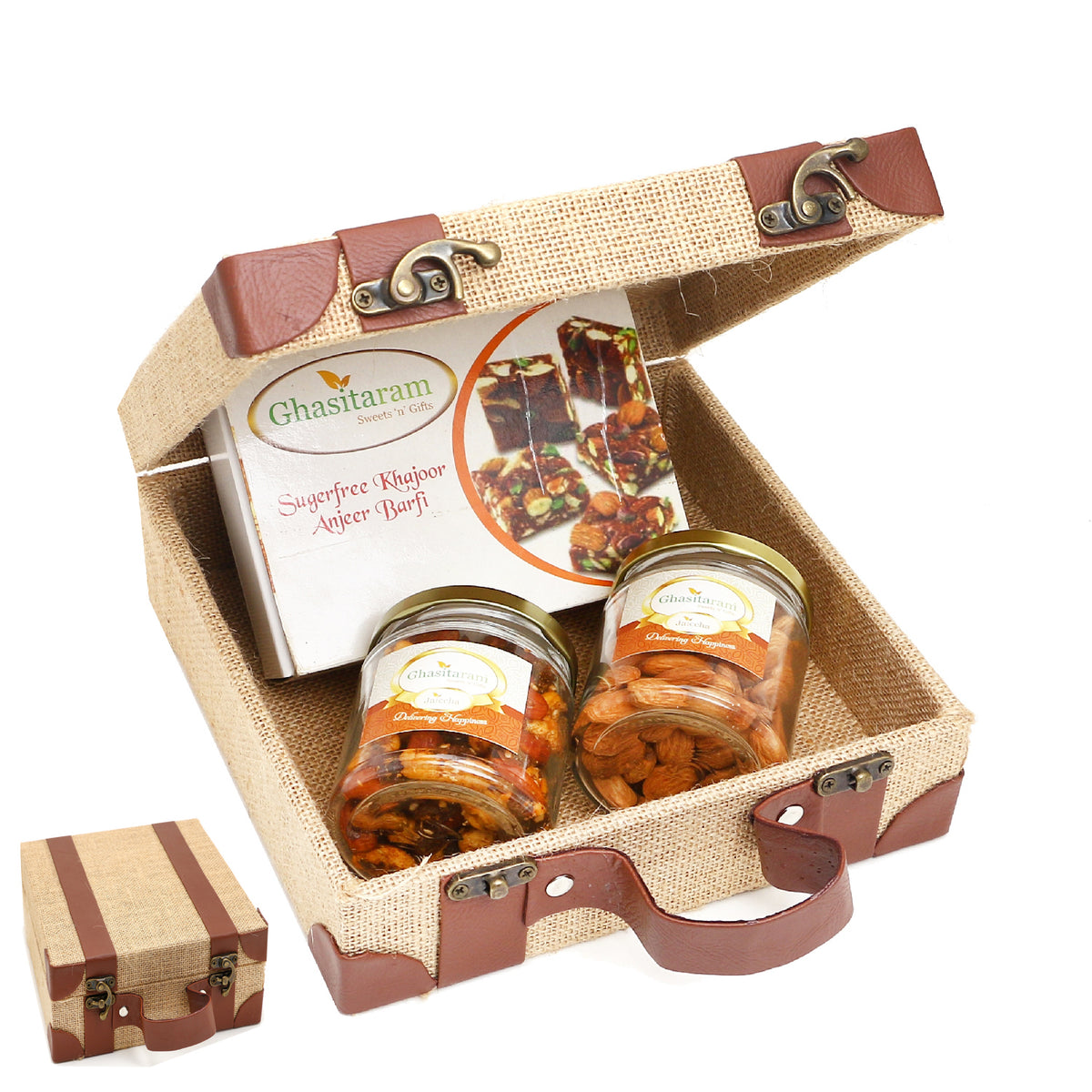 Jute Box of Alomnds, Mix Dryfruits and Sugarfree Bites