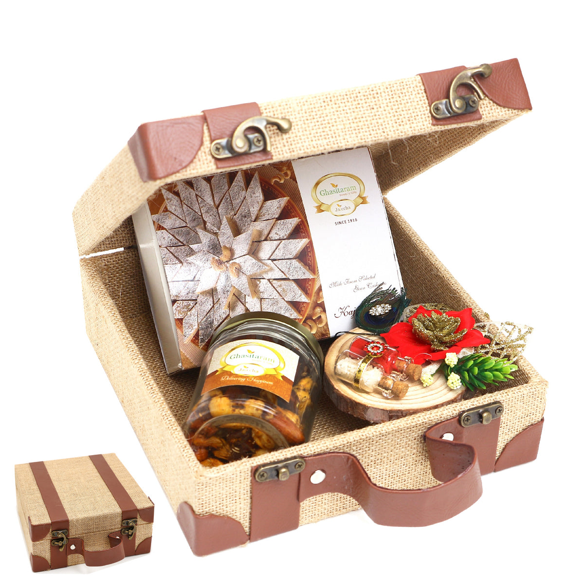Jute Box of Mix Dryfruits, Kaju Katli and Roli Chawal Wooden Thali