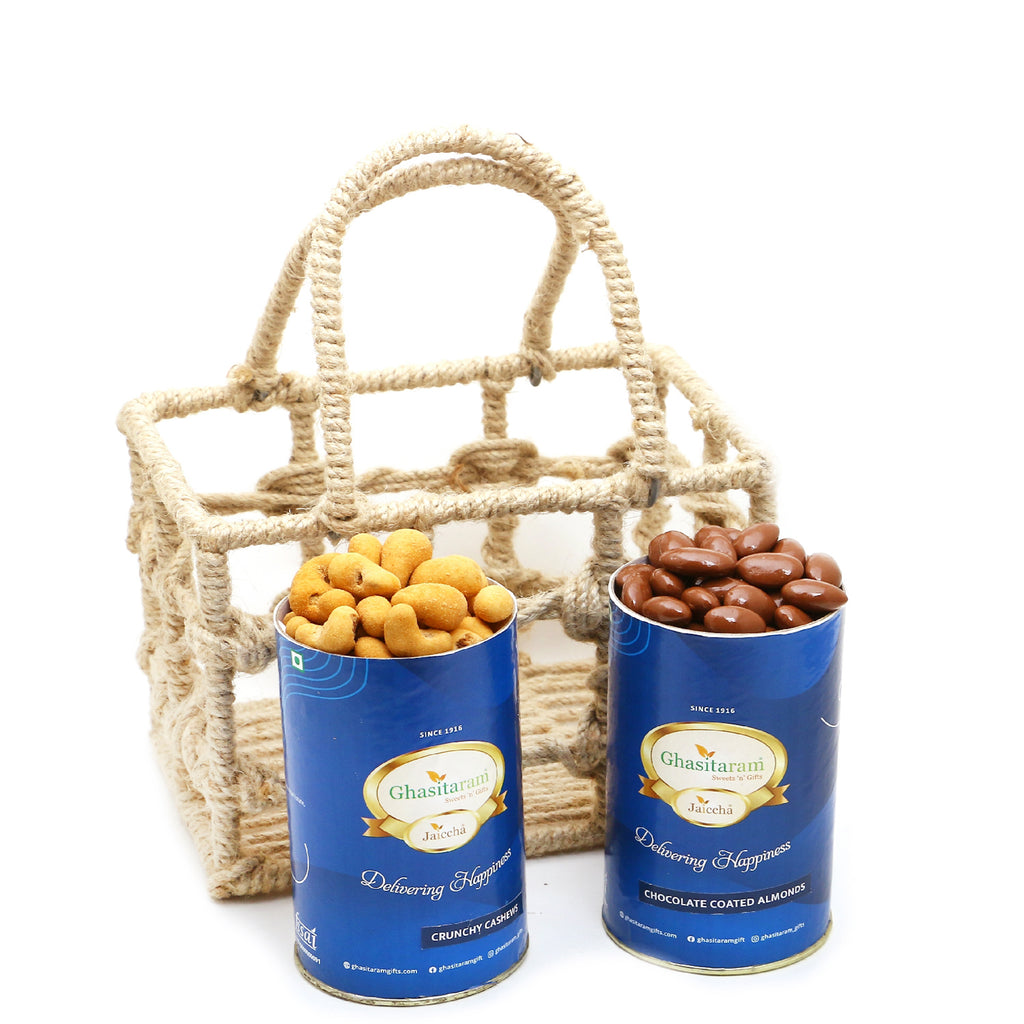 Jute check Basket of Chocolate Almonds and Crunchy Cashews