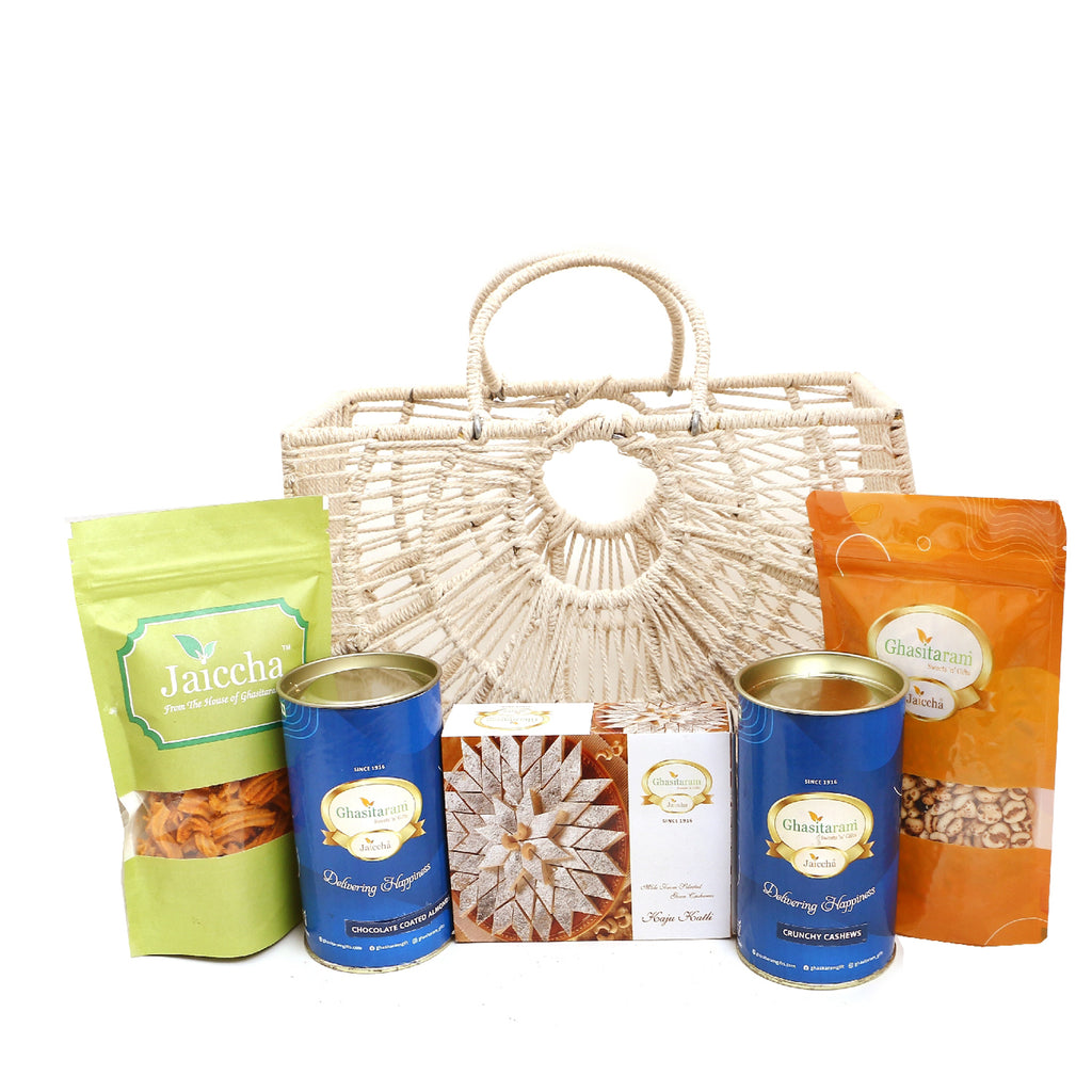 Jute Fancy Basket/ Carry Bag/ Magazine Holder of Assorments with Kaju Katli