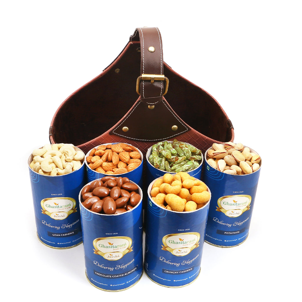 Diwali Gifts-Leather Buckle Basket Big of 6 Cans