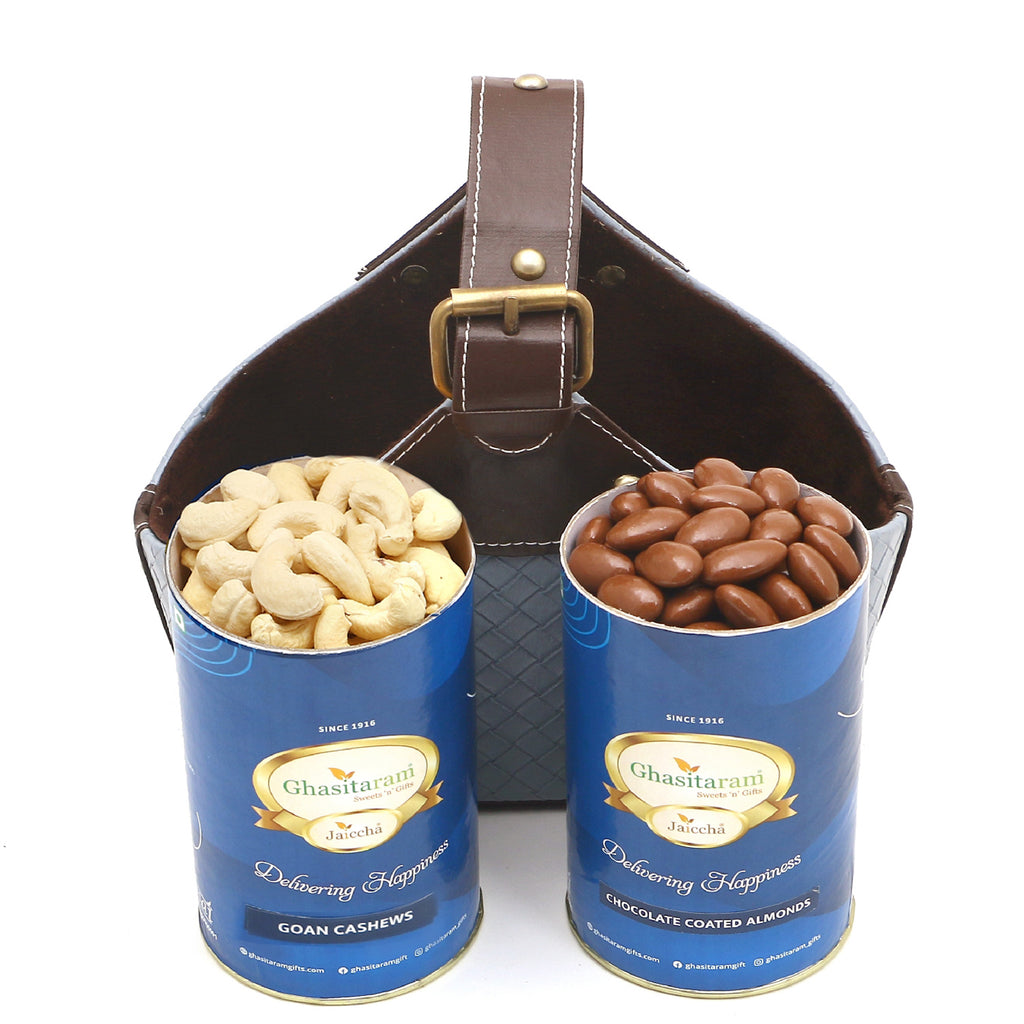 Diwali Gifts-Leather Buckle Basket Small of Cashews and Chocolate Almonds