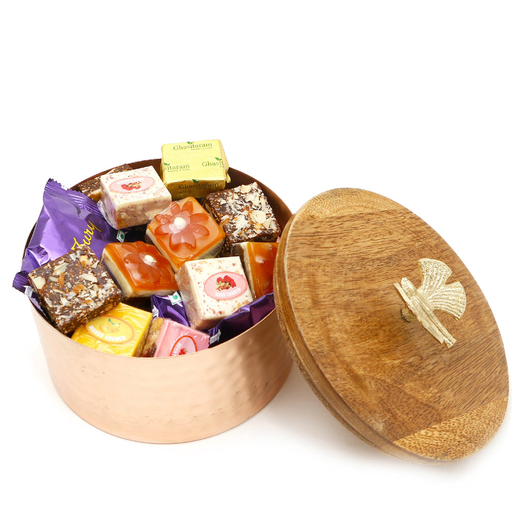 Diwali Gifts Sweets-Copper Metal Jar of assorted Bites and Cookies