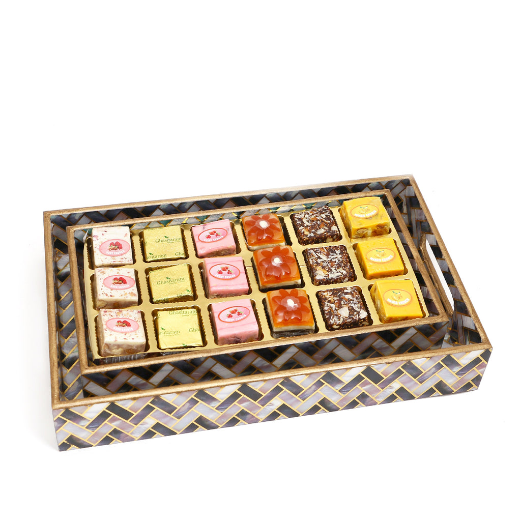Diwali Gifts-Set of 2 Printed Blue Trays of Assorted Bites