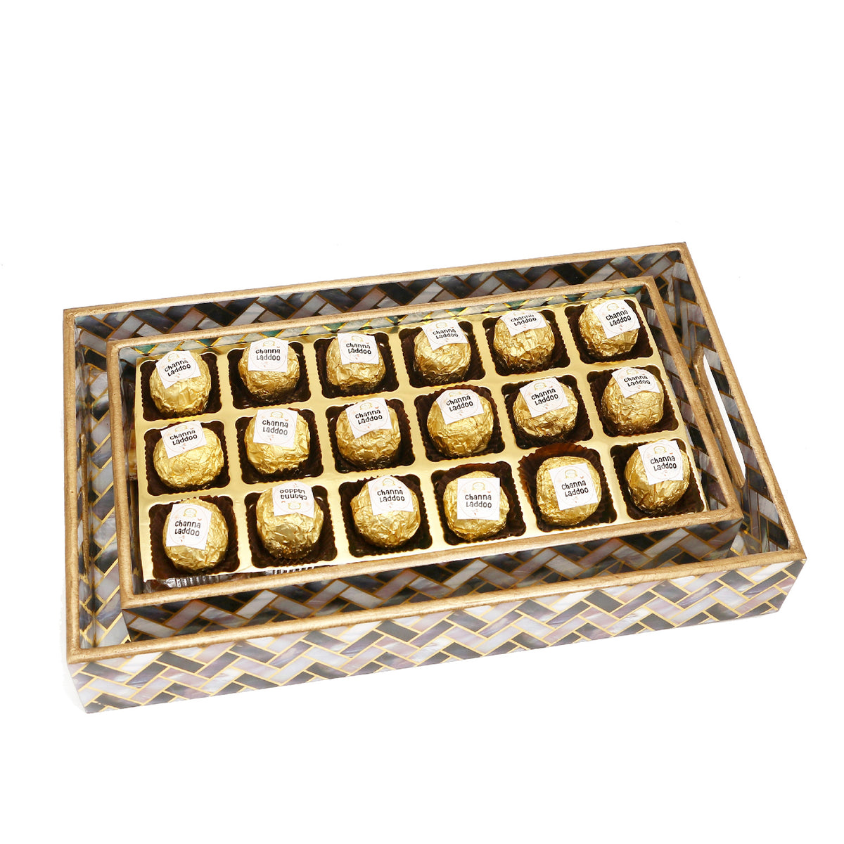 Diwali Gifts-Set of 2 Printed Blue Trays of Channa Laddoos
