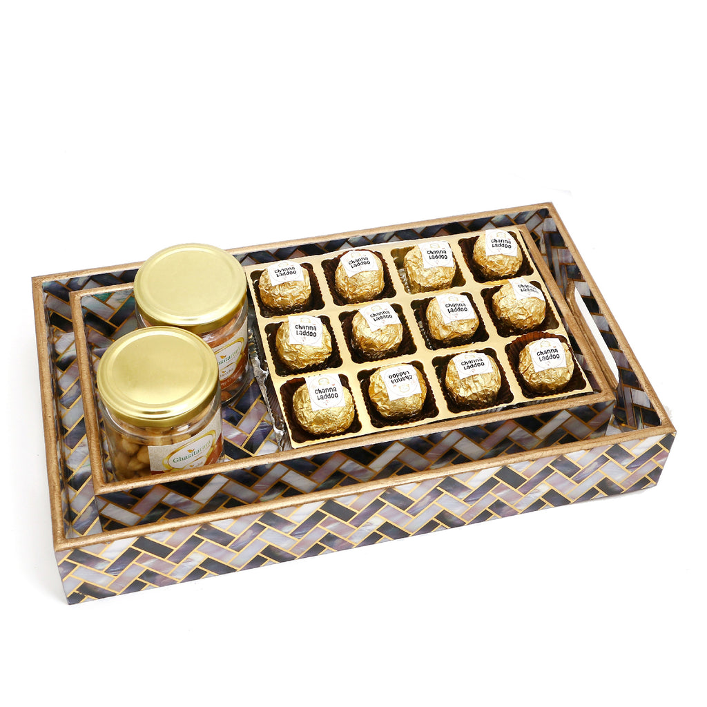 Set of 2 Printed Blue Trays of Channa Laddoos, Roasted Cashews and Almonds Jars