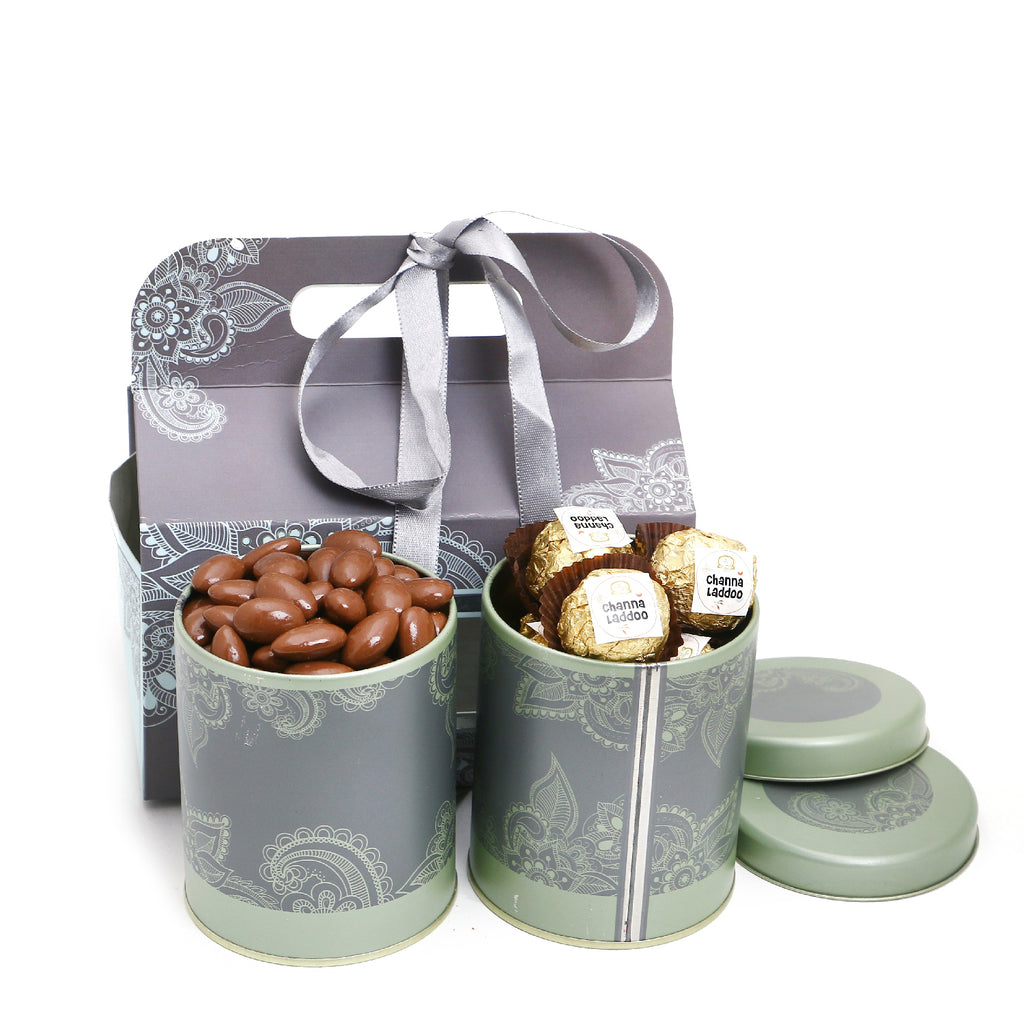 Printed Box with 2 Tins of Chocolate Coated Almonds and Channa Laddoo