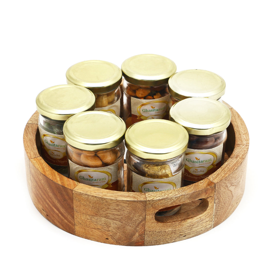 Round Printed Wooden Tray of 7 Jars