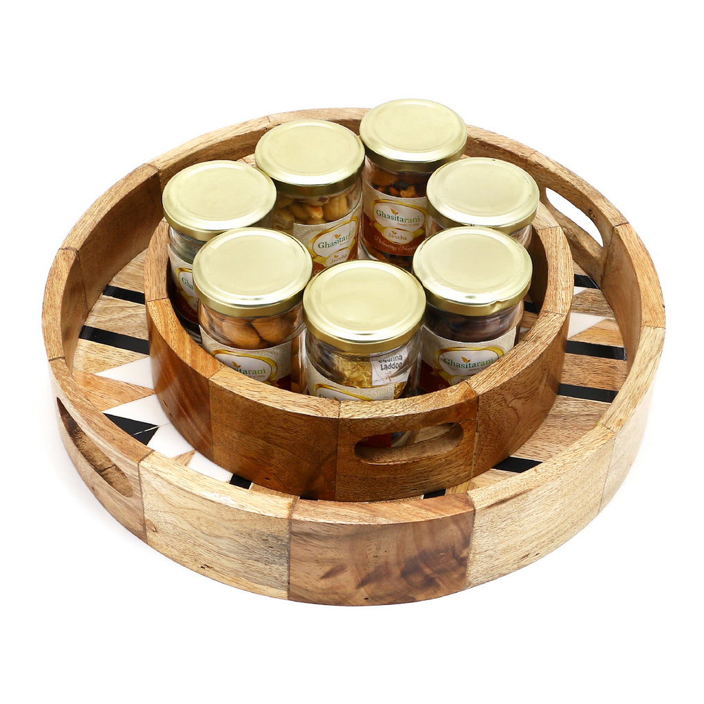 Set of 2 Round Printed Wooden Trays of 7 Jars