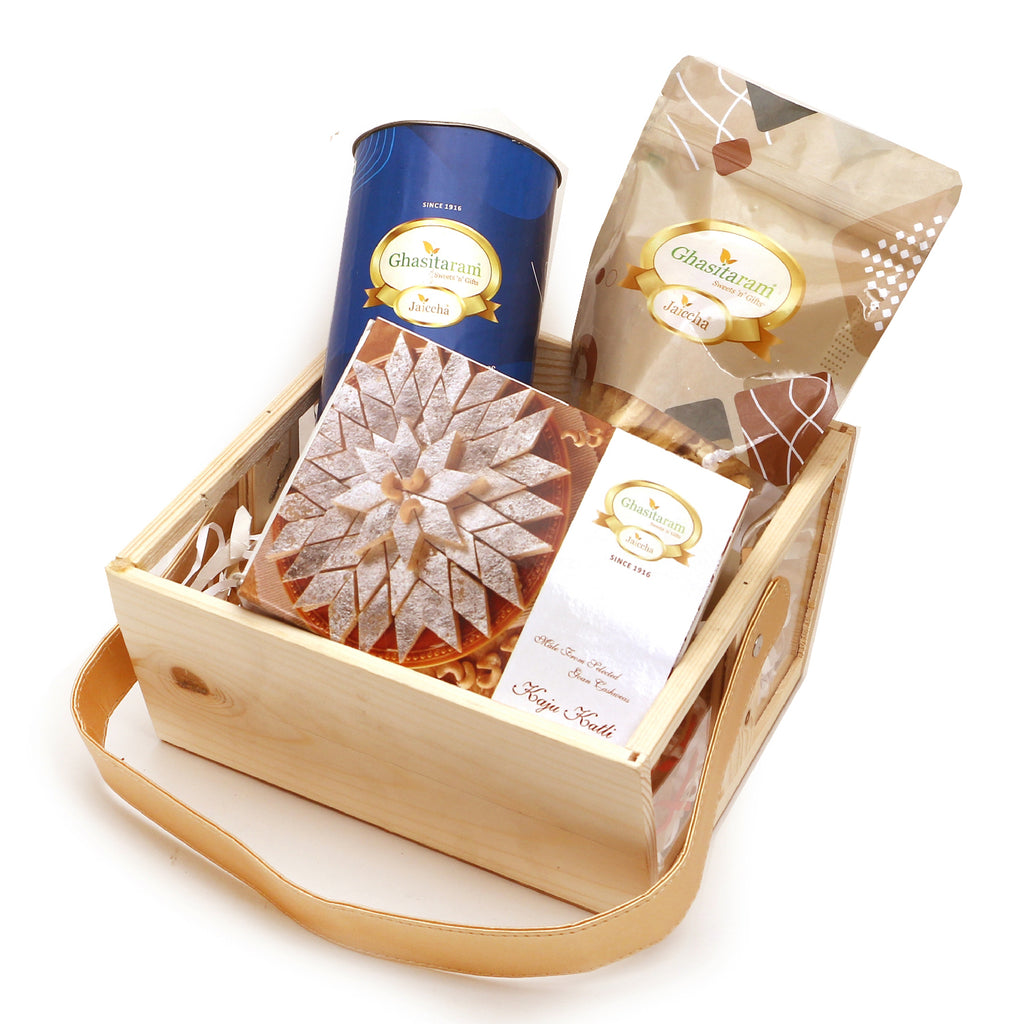 Small Acrylic Wooden Basket Mix dryfruits, Butter Chakli and Kaju Katli