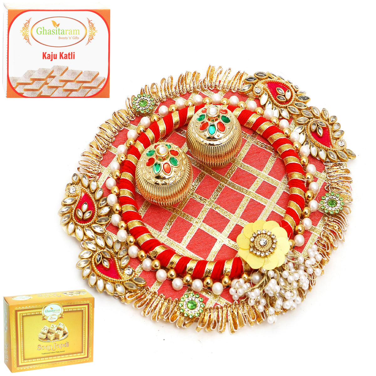 V-171 Pooja Thali with 200 gms of Kaju katli and  200 gms of Soan Papdi