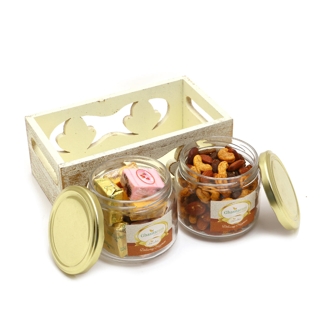 White Wooden Tray of 2 Jars Of Assorted Bites and Mix Dryfruits