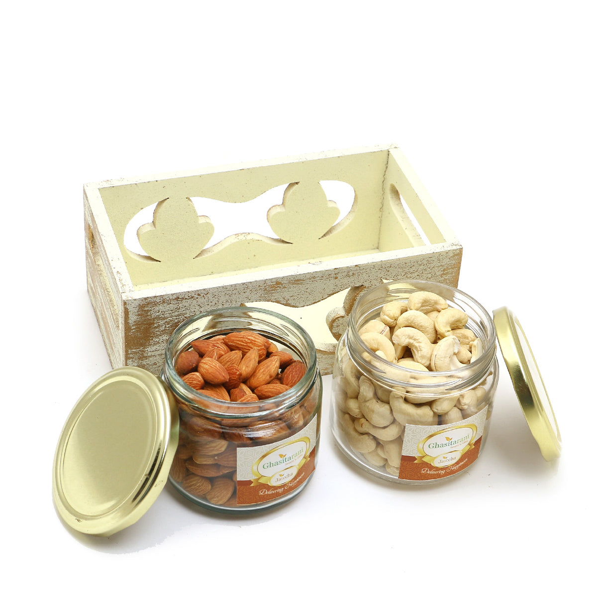 Diwali Gifts-White Wooden Tray of 2 Jars Of Cashews and Almonds