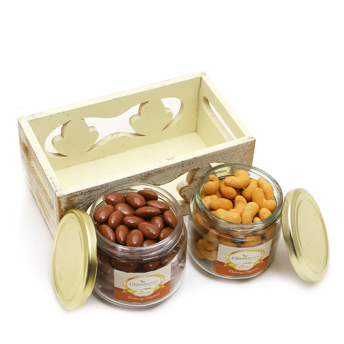 White Wooden Tray of 2 Jars Of Chocolate Coated Almonds and Crunchy Cashews