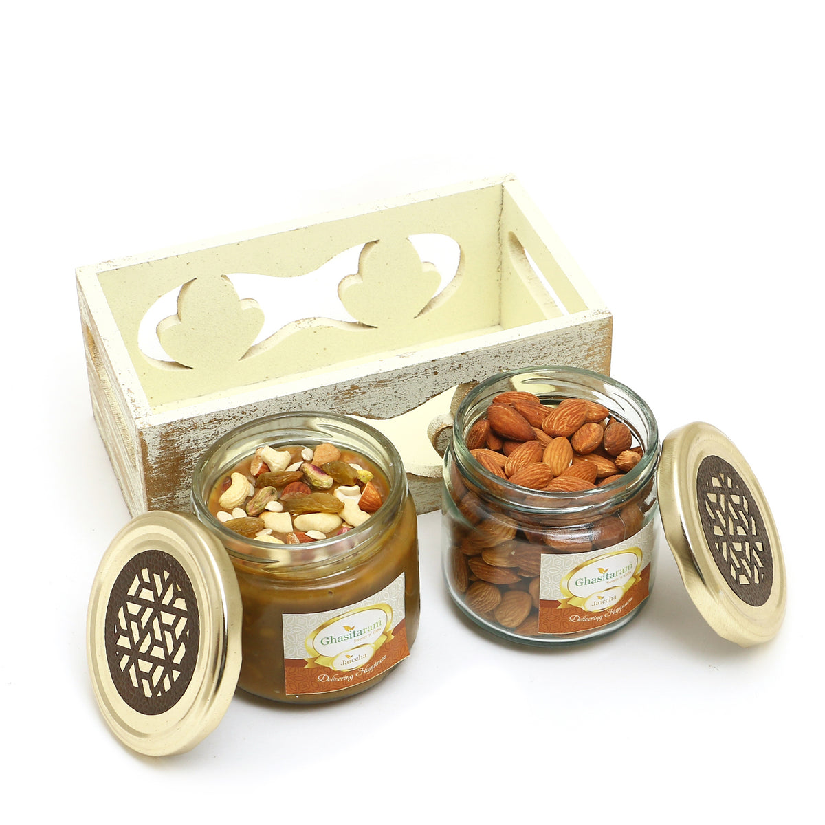 White Wooden Tray of 2 Jars Of Dryfruit Halwa and Almonds