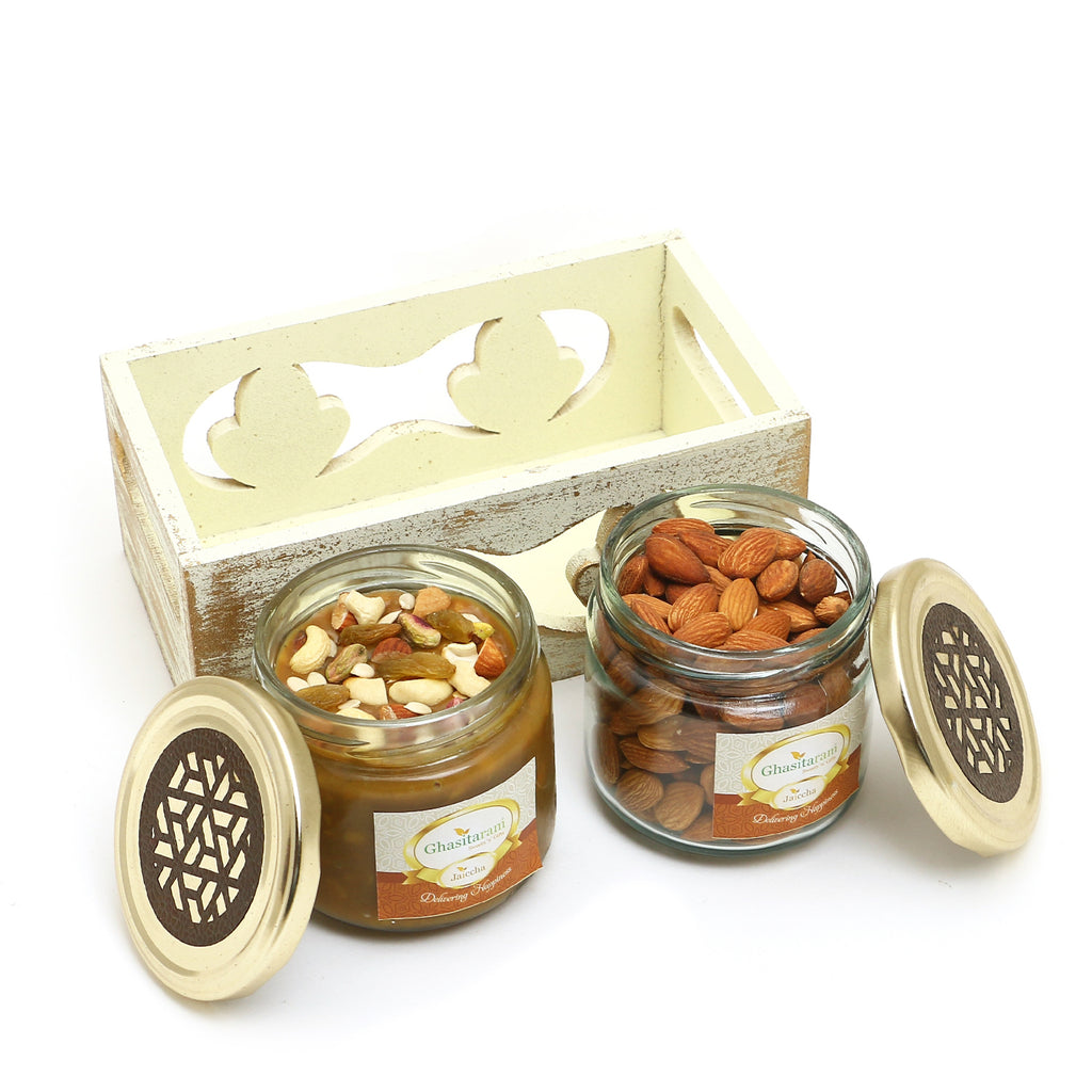 White Wooden Tray of 2 Jars Of Dryfruit Halwa and Almonds