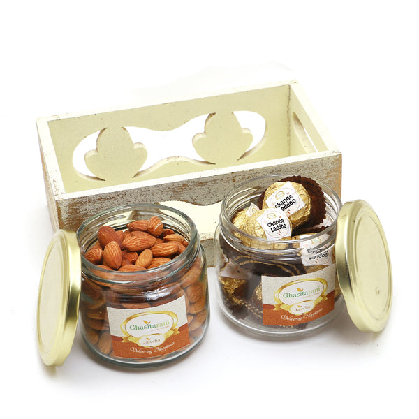 Diwali Gifts-White Wooden Tray of 2 Jars Of Channa Laddoo and Almonds