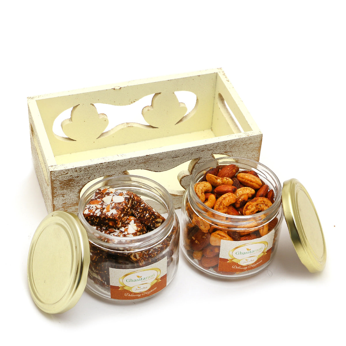 Diwali Gifts-White Wooden Tray of 2 Jars Of Sugarfree Bites and Mix Dryfruits