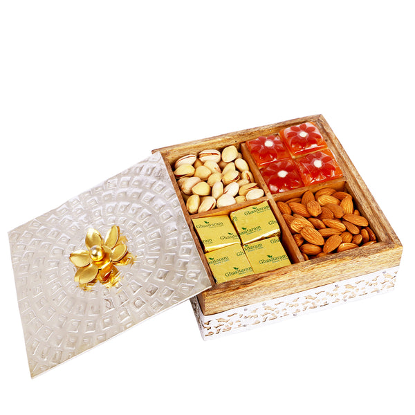 Diwali Gifts-Wooden Metal Box with Almonds, Pistachios, Mewa Bites and Mango Bites