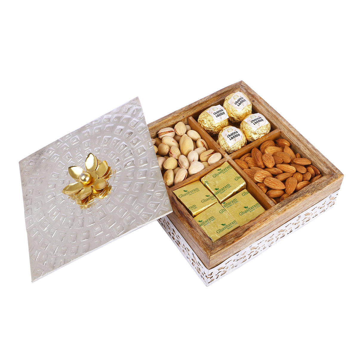 Wooden Metal Box with Almonds, Pistachios, Mewa Bites and Channa Laddoo