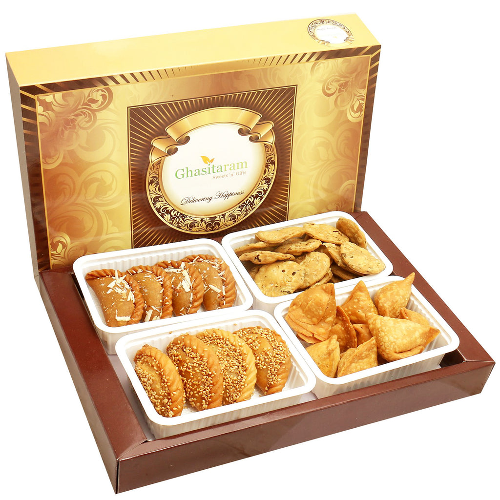 Holi Gifts:Big Box of Dry Sweet Gujiyas, Til/ Sesame Gujiya, Farsan Samosas and Methi Mathi Hamper