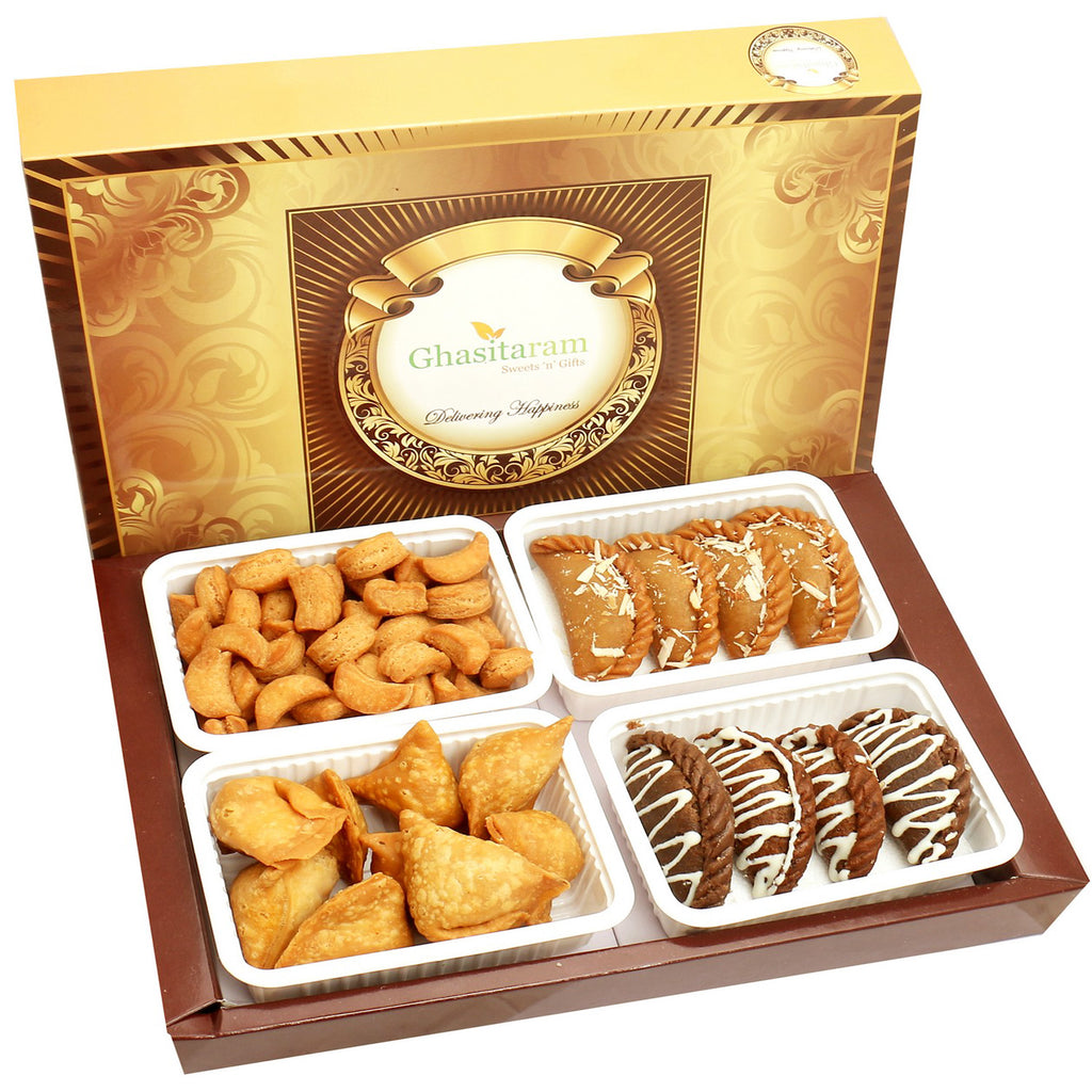 Holi Sweets-Ghasitaram's Big Box Of Gujiya, Chocolate Gujiya, Mini Namkeen Gujiyas and Farsan Samosas
