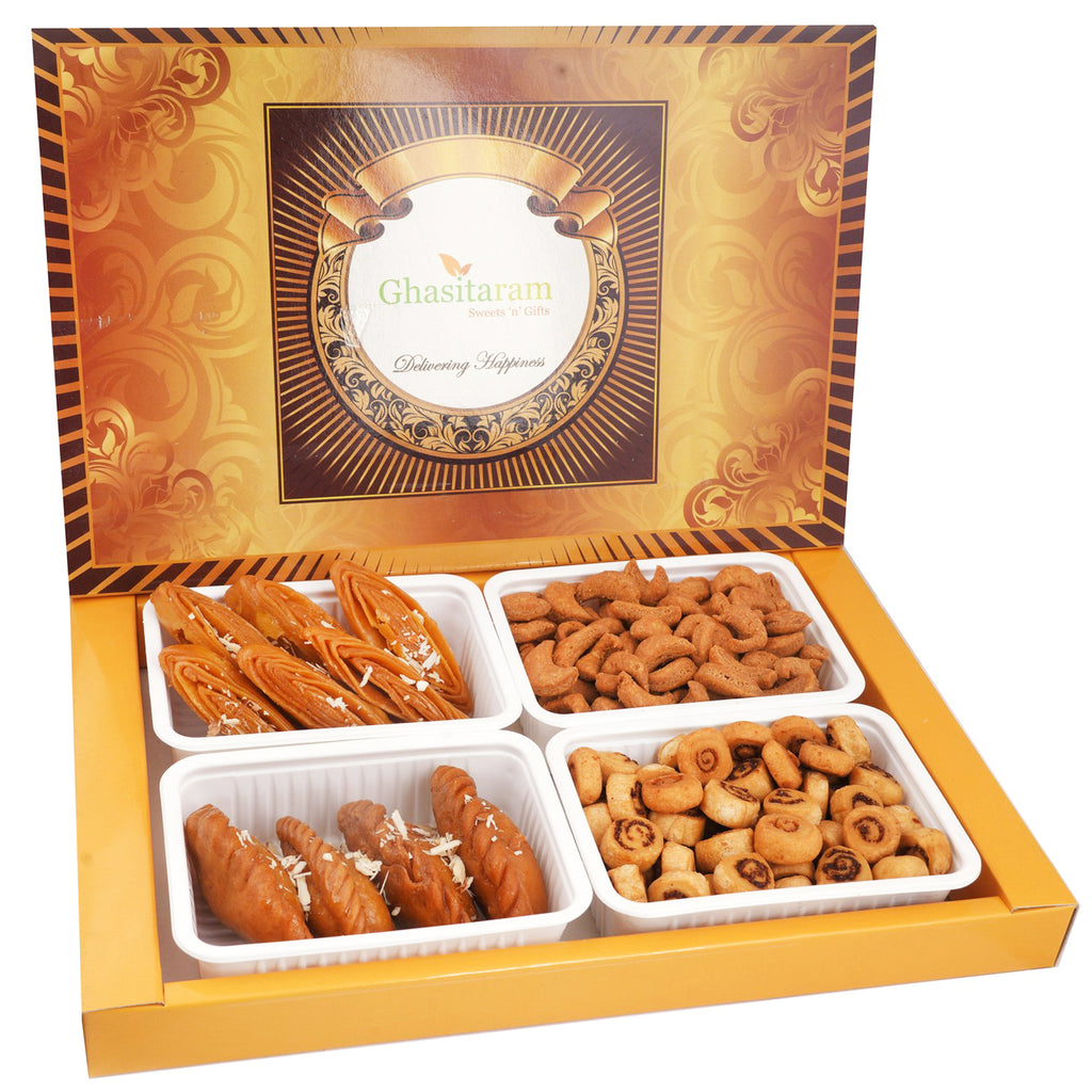 Holi Gifts:Big Box of Gujiyas, Khaja; Gujiya Namkeen and Bhakar Wadi