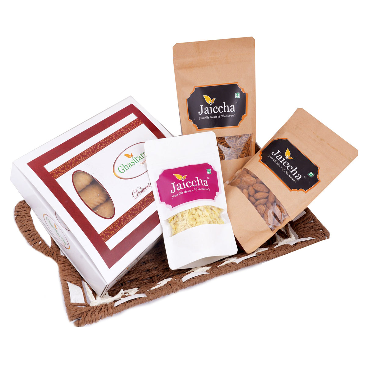Holi Sweets| Holi Hampers| Holi Gifts-Brown and White Basket Sugarfree Gujiya (400 gms); Diet Chiwda Pouch; Flavoured Almonds Pouch; Nachini Sev Pouch