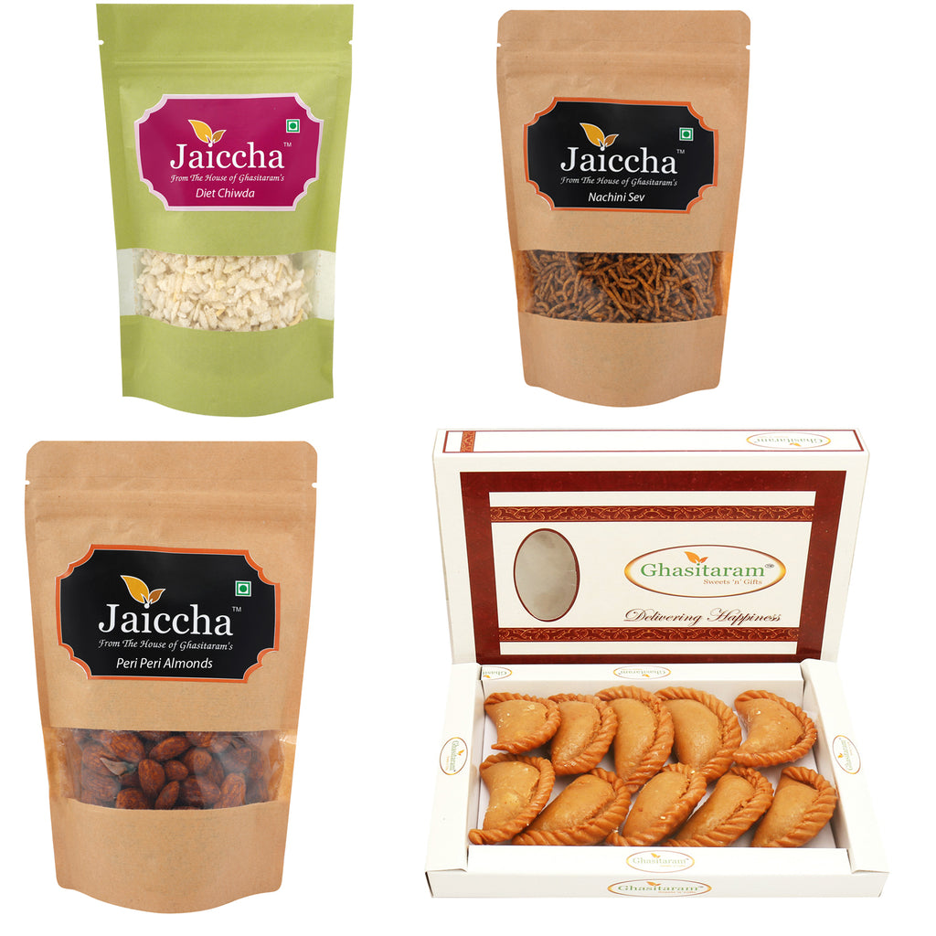 Holi Gifts:Best of 4- Sugarfree Gujiya (400 gms); Diet Chiwda Pouch; Flavoured Almonds Pouch; Nachini Sev Pouch