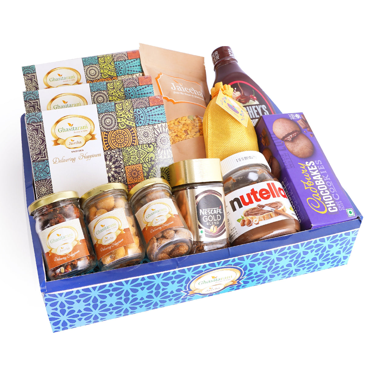 Holi Sweets| Holi Hampers| Holi Gifts Blue Hamper Box of 17 Goodies with Gujiyas