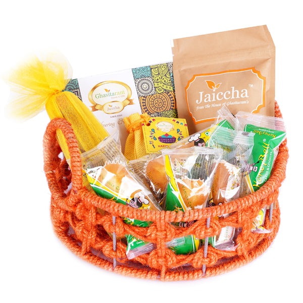 Holi Sweets| Holi Hampers| Holi Gifts Orange Jute Basket with Gujiyas