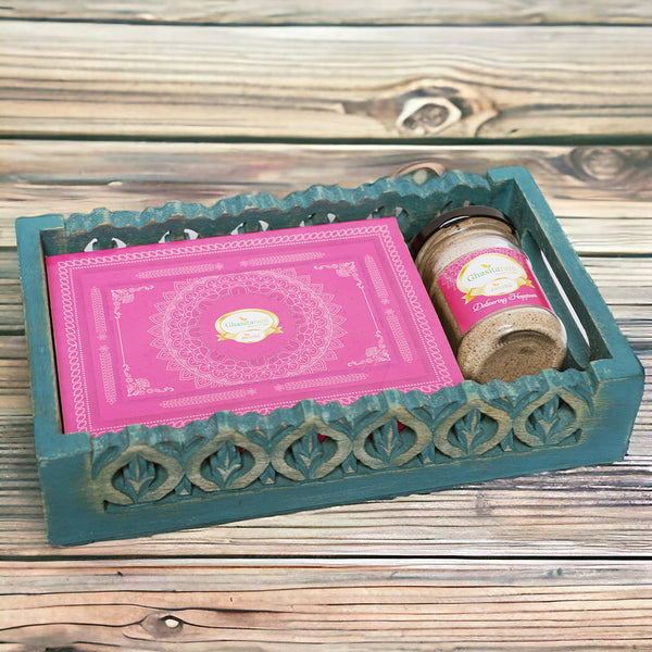 Holi Sweets| Holi Hampers| Holi Gifts Blue Wooden Tray of Gujiyas and Thandai