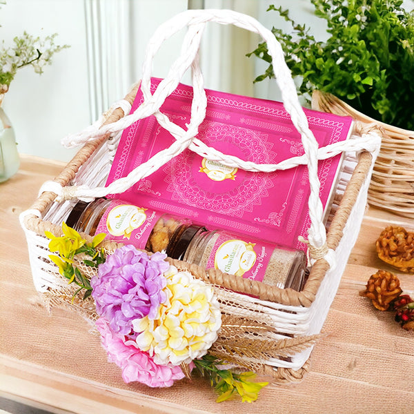 Holi Sweets| Holi Hampers| Holi Gifts Jute Square Flower Basket of Gujiyas, Bhakar Wadi and Thandai