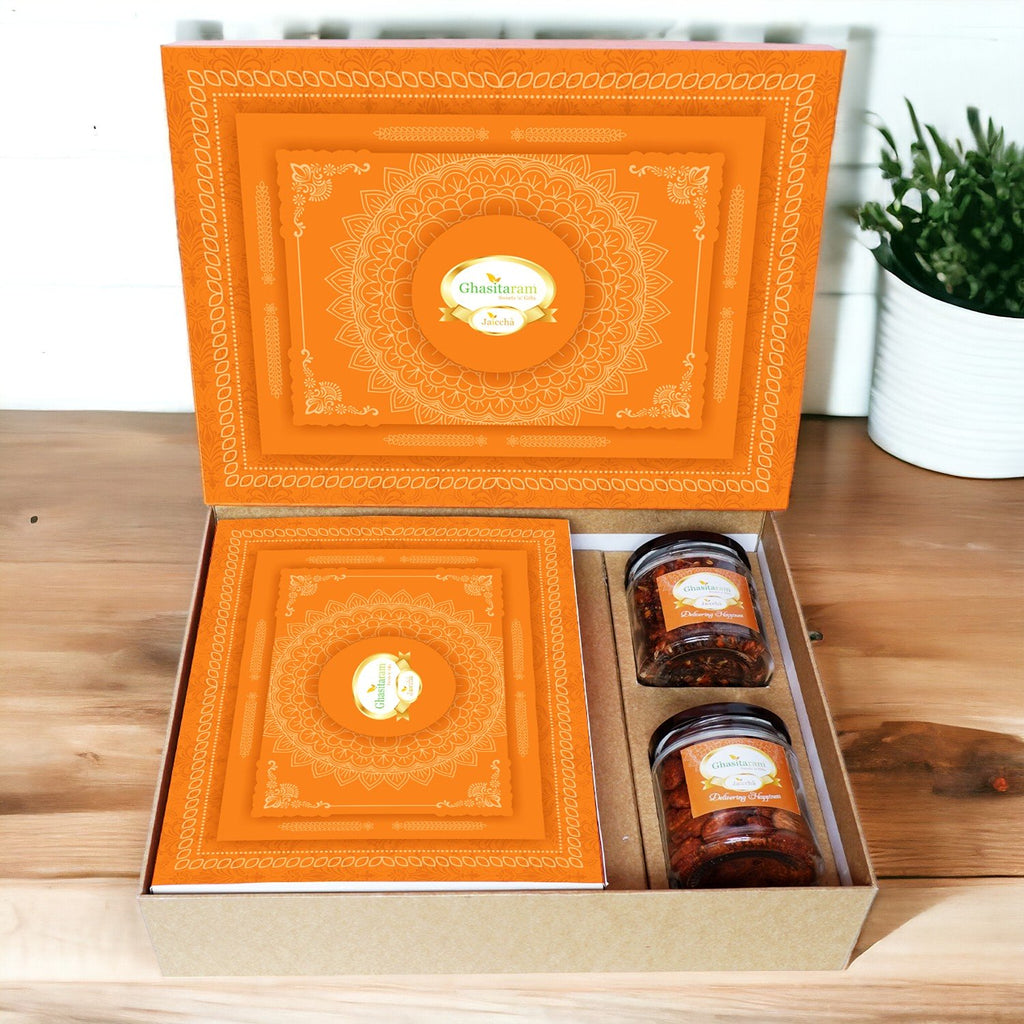 Ghasitaram's Orange Hamper Box with Assorted Gujiyas, Paan and Mixed Nuts Jars