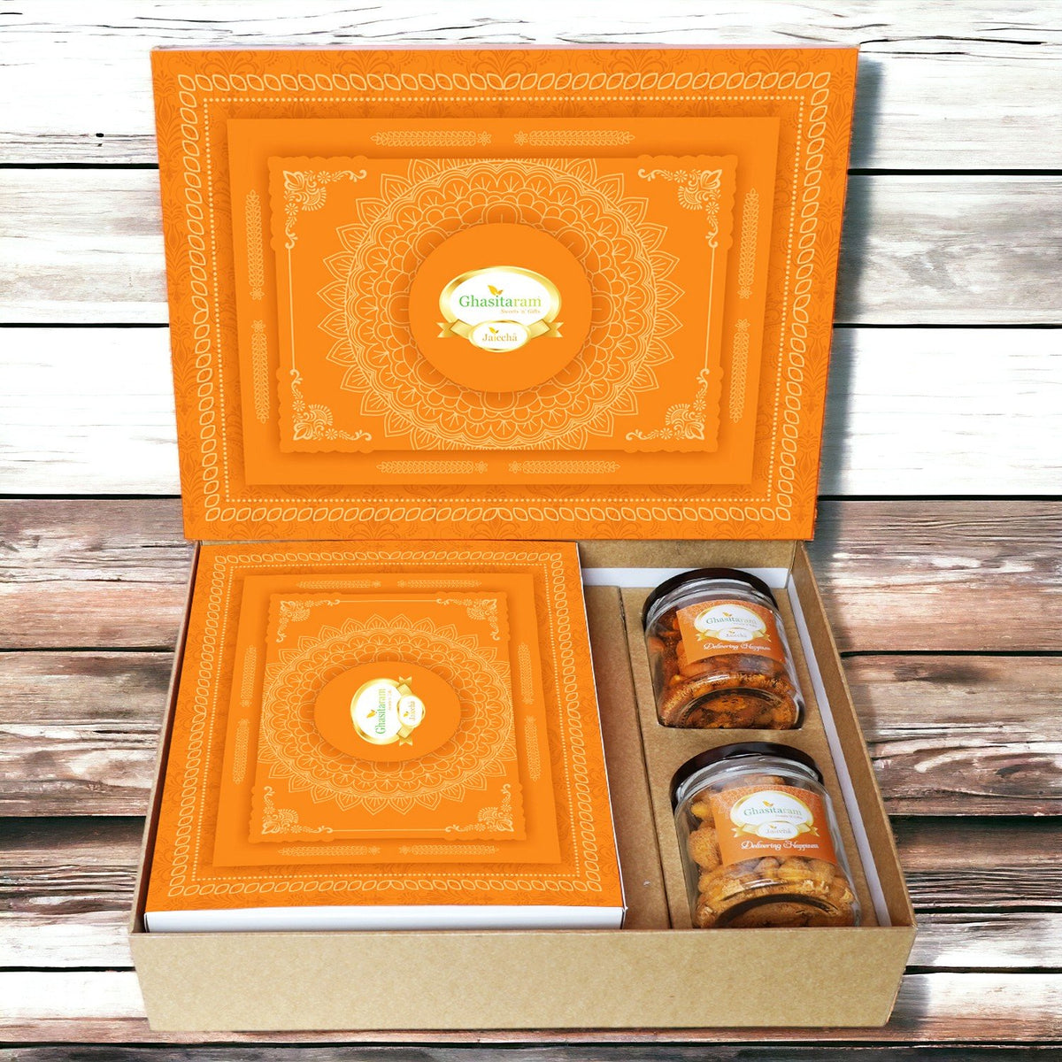 Holi Sweets| Holi Hampers| Holi Gifts Ghasitaram Orange Hamper Box with Assorted Gujiyas, Crunchy Cashews and Mixed Nuts Jars