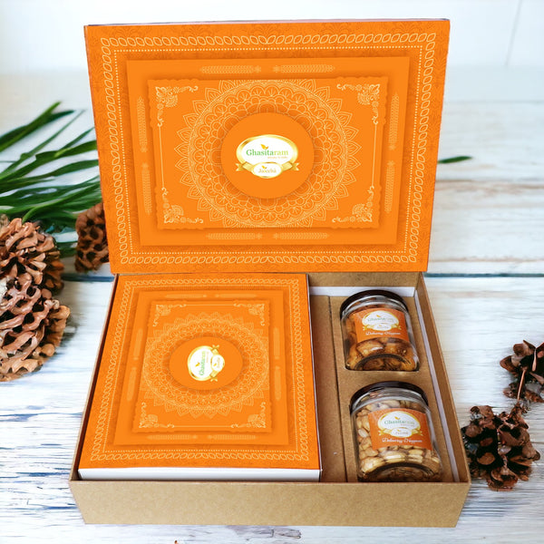 Holi Sweets| Holi Hampers| Holi Gifts Ghasitaram Orange Hamper Box with Gujiyas, Bhakarwadi and Peanuts