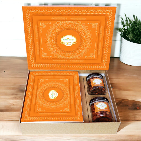 Holi Sweets| Holi Hampers| Holi Gifts Ghasitaram Orange Hamper Box with  Gujiyas, Paan and Mixed Nuts Jars