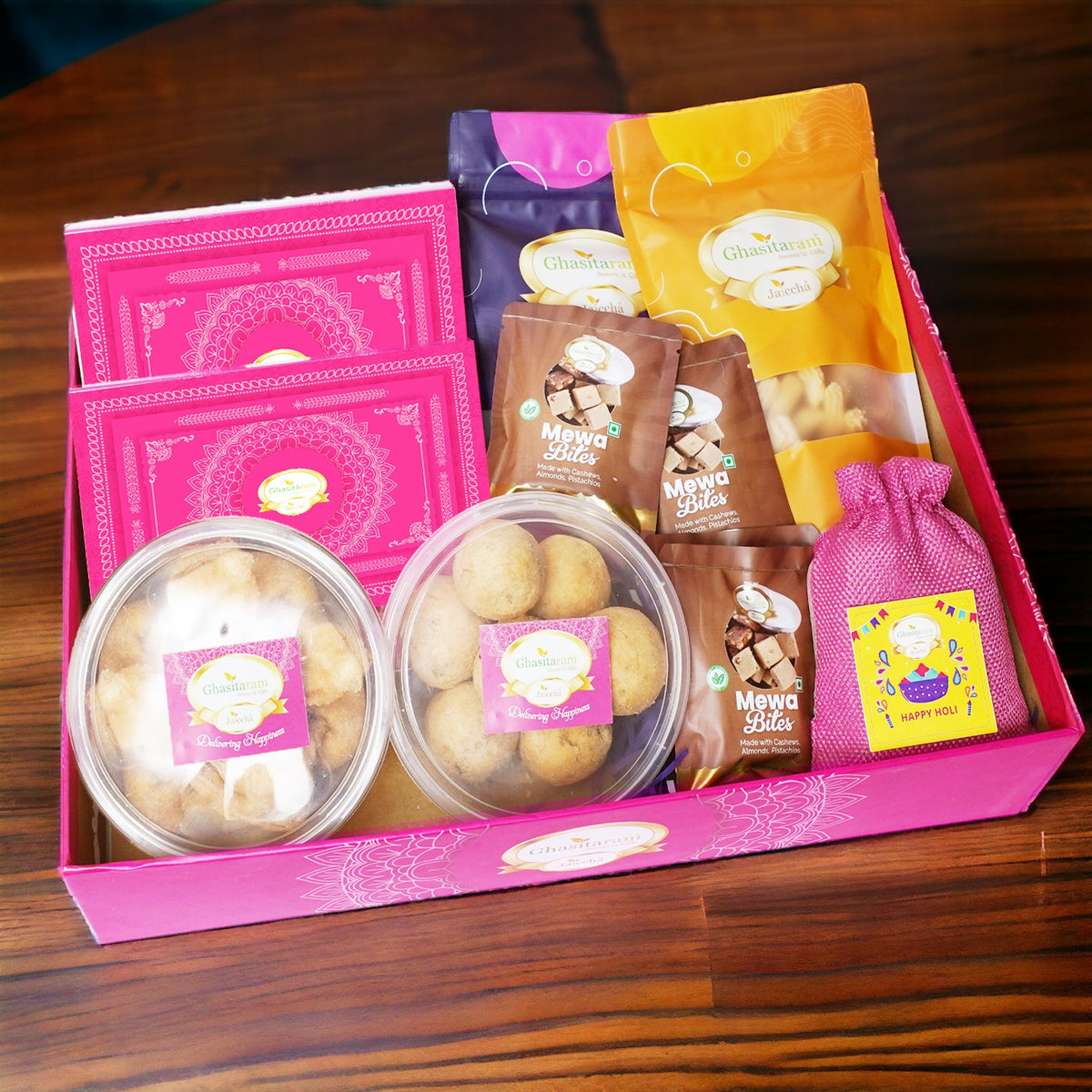 Holi Sweets| Holi Hampers| Holi Gifts Ghasitaram Big Hamper Basket of 12 Goodies with  Gujiyas