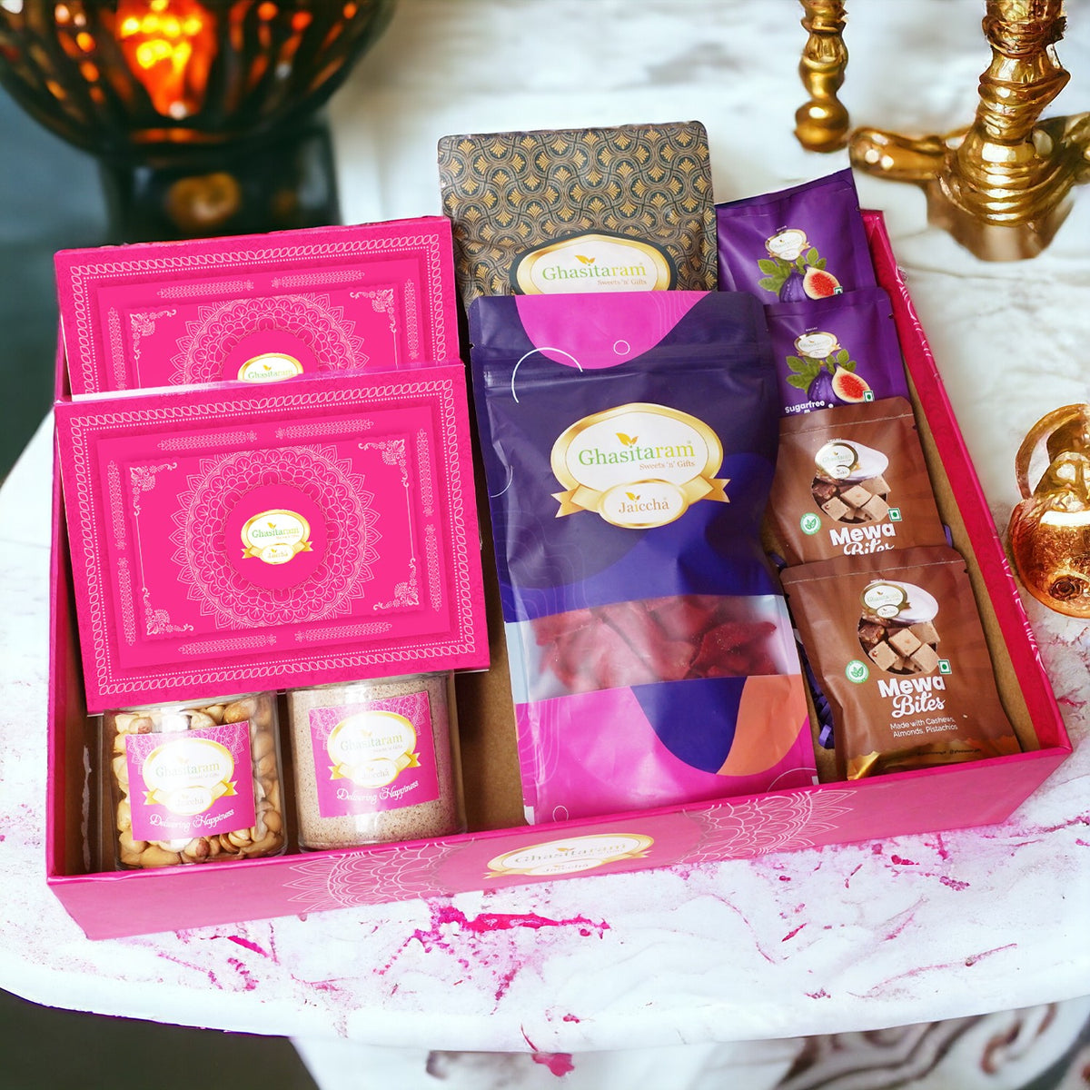 Holi Sweets| Holi Hampers| Holi Gifts Ghasitaram Big Hamper Basket of 16 Healthy Goodies with Sugarfree Gujiyas