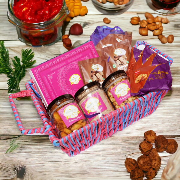 Holi Sweets| Holi Hampers| Holi Gifts Pink Square Basket of 12 goodies with Gujiyas