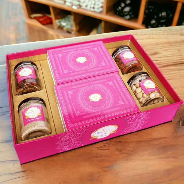 Holi Sweets| Holi Hampers| Holi Gifts Ghasitaram Big Hamper Tray of Assorted Gujiyas, Peri Almonds, Pistachios, Paan and Thandai