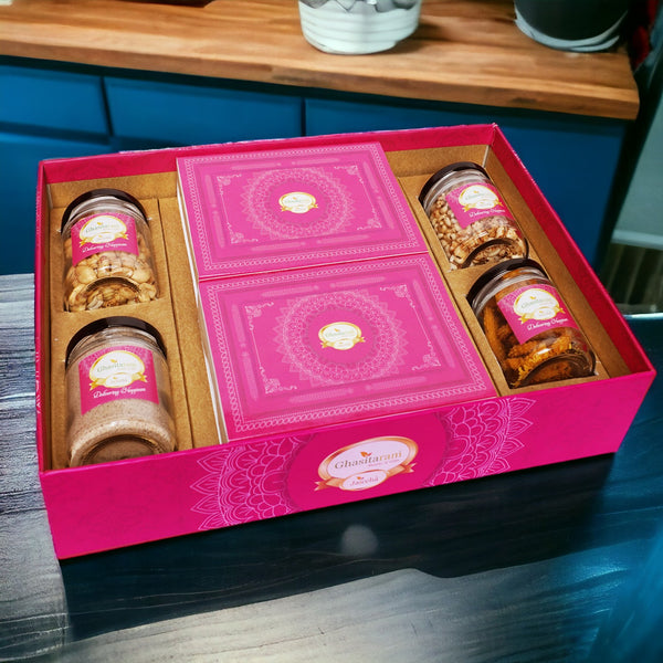 Holi Sweets| Holi Hampers| Holi Gifts Ghasitaram Big Hamper Tray of Sugarfree Gujiyas, Thandai, Peanuts, Wheat Puffs, Moong Chakli